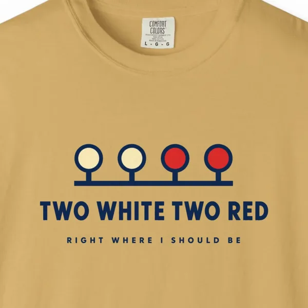 Two White Two Red Tee in Mustard, close-up