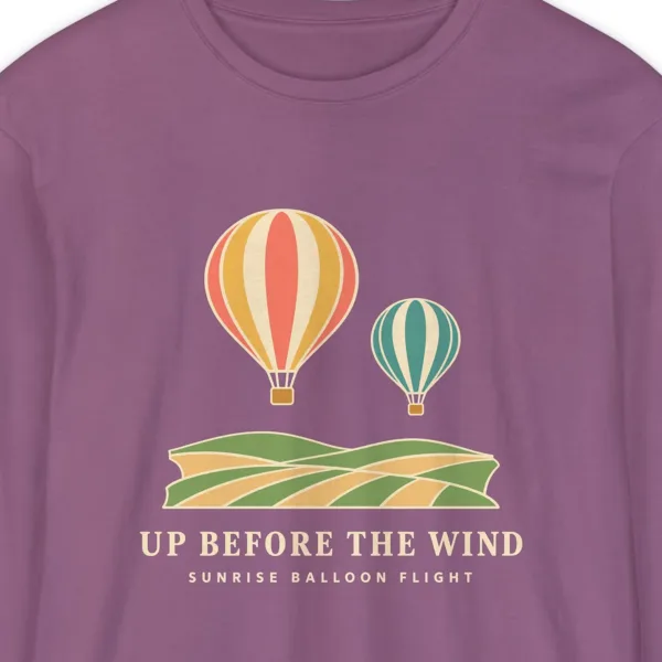 up-before-the-wind-long-sleeve-tee-berry-chest Up Before the Wind design on a Berry Comfort Colors 6014 long-sleeve tee, close-up of the print