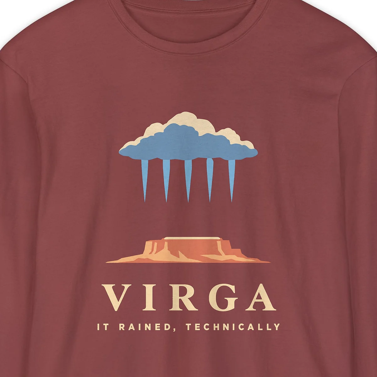 virga-long-sleeve-tee-brick-chest Virga design on a Brick Comfort Colors 6014 long-sleeve tee, close-up of the print