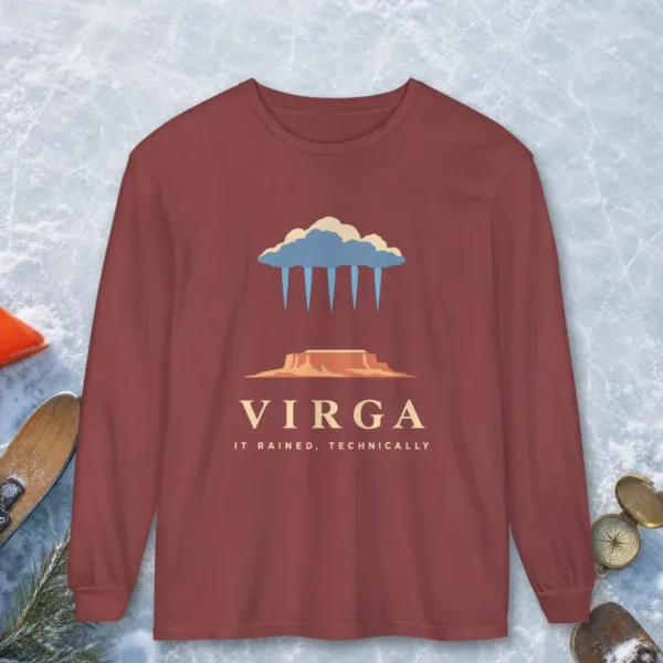 virga-long-sleeve-tee-brick-front Virga design on a Brick Comfort Colors 6014 long-sleeve tee, front view