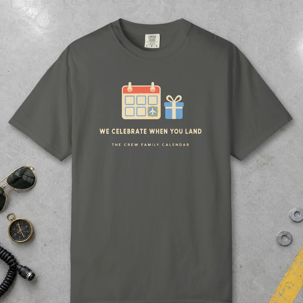 We Celebrate When You Land Tee in Pepper, front view