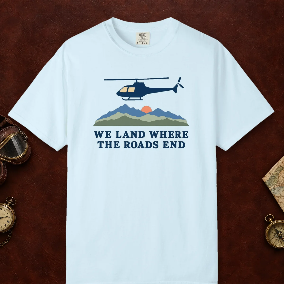 We Land Where the Roads End Tee in Chambray, front view