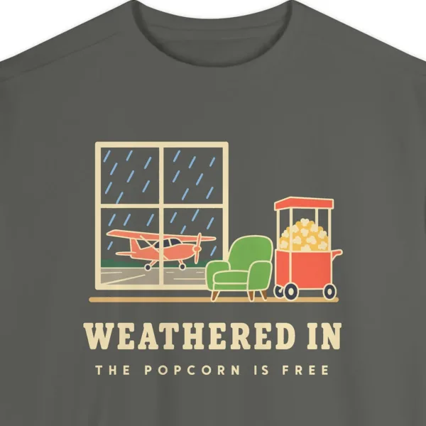 weathered-in-sweatshirt-pepper-chest Close-up of the Weathered In design printed on a Pepper Comfort Colors 1566 sweatshirt, with the ribbed collar