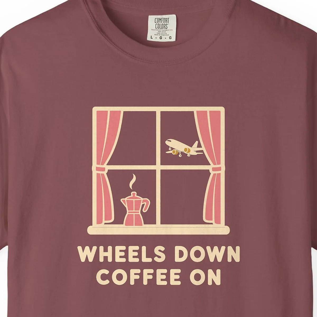 Wheels Down Coffee On Tee in Brick, close-up