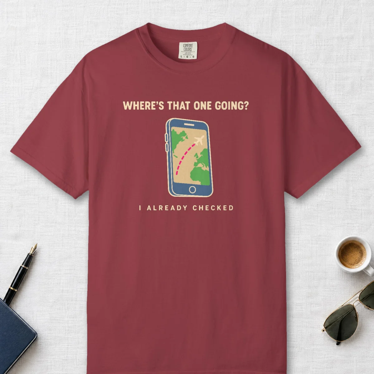 Where's That One Going Tee in Chili, front view