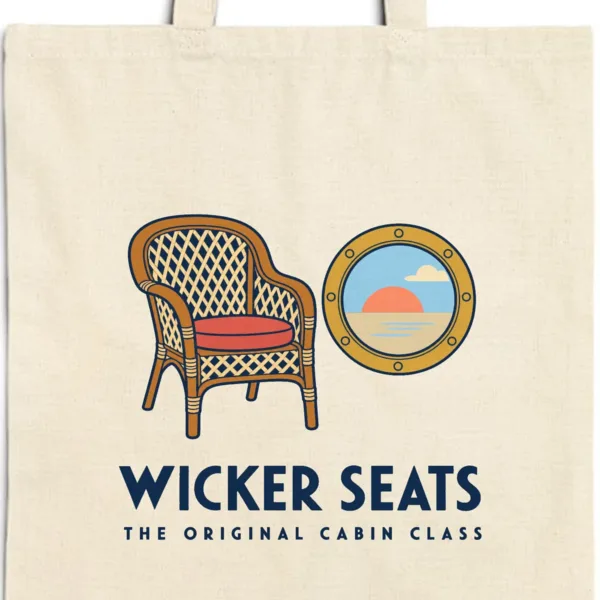 wicker-seats-tote-natural-detail Close-up of the Wicker Seats design printed in navy ink on a natural canvas tote, with the top seam and handles