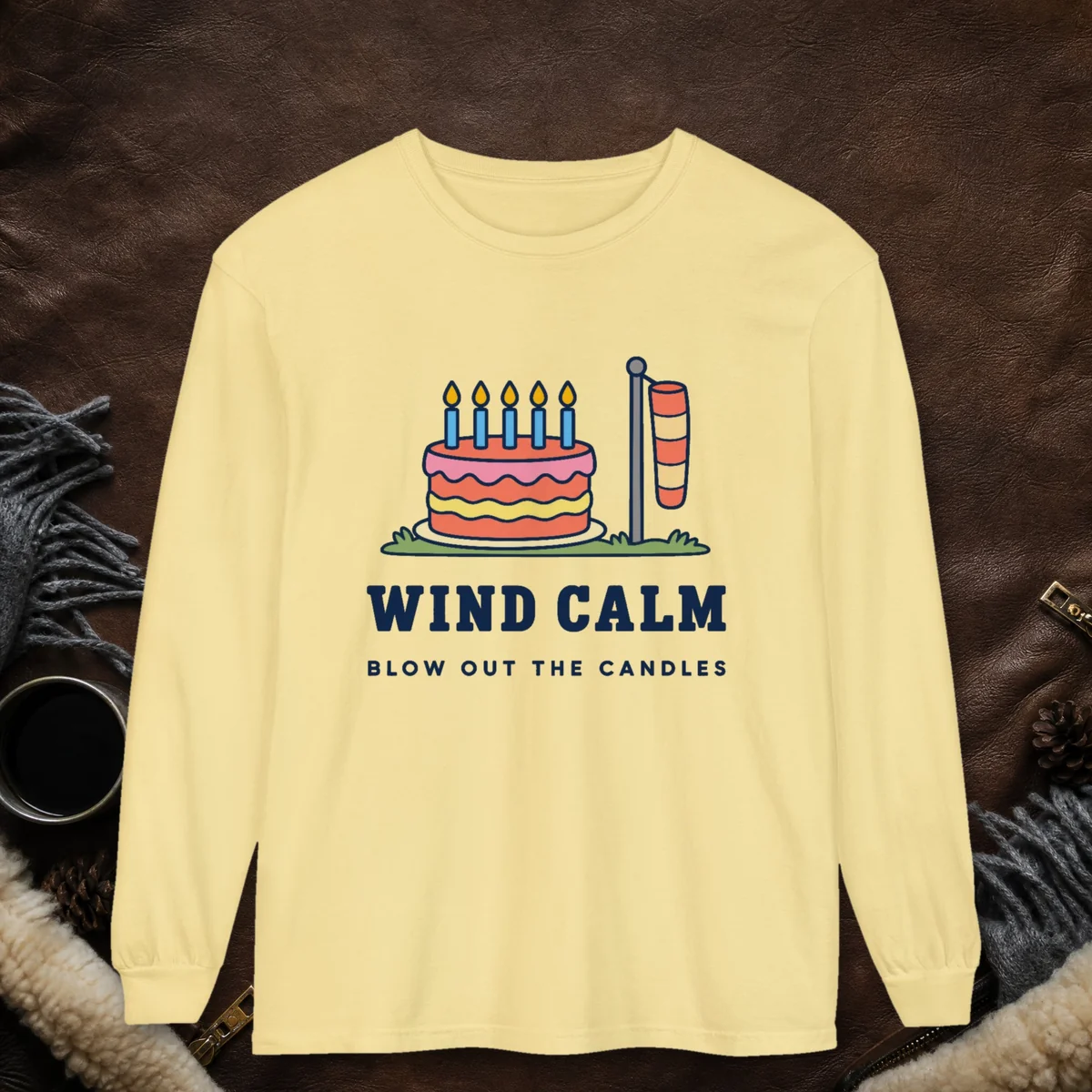 Wind Calm design on a Butter Comfort Colors 6014 long-sleeve tee, front view