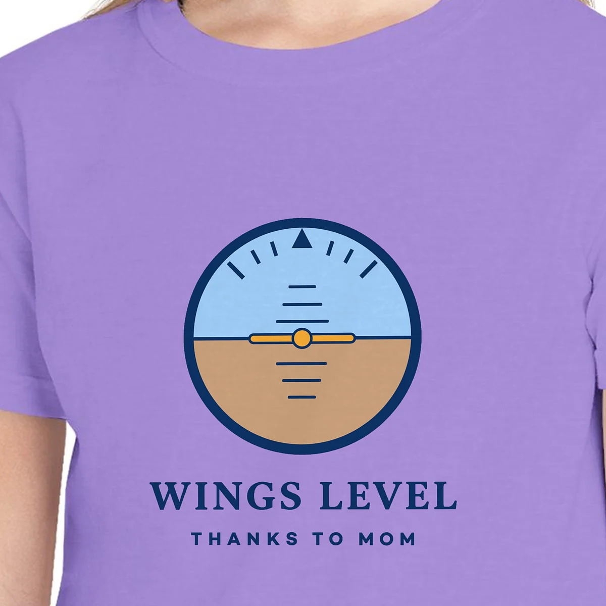 Close-up of the Wings Level Mom design on the Violet kids tee, Comfort Colors 9018 youth tee, with the neckline