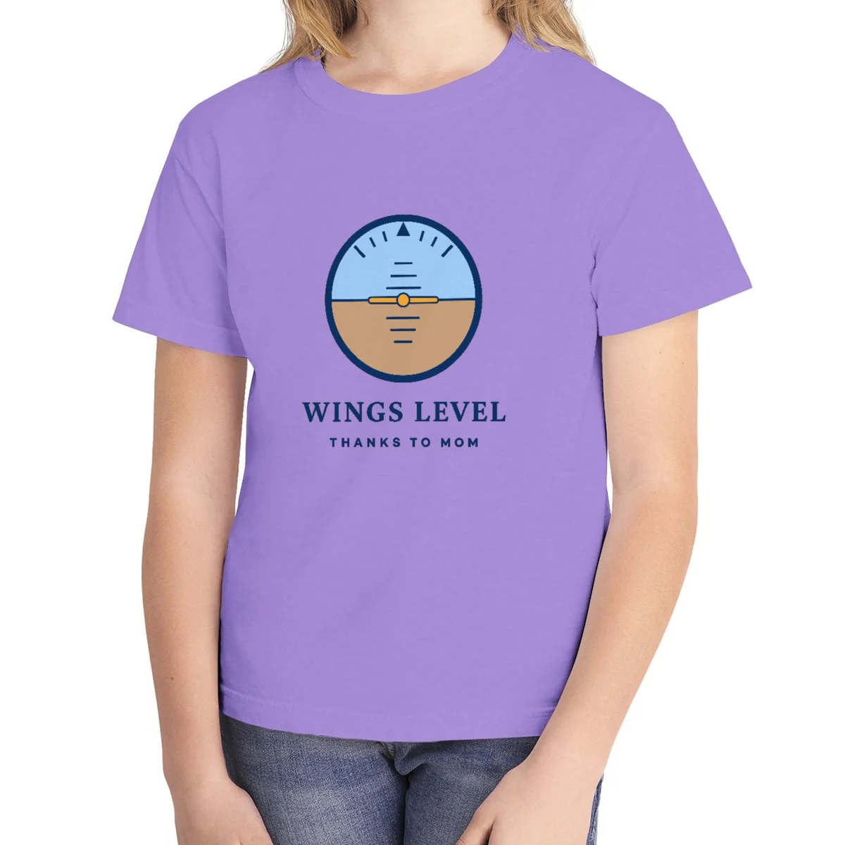 Wings Level Mom kids tee in Violet, Comfort Colors 9018 youth tee, front view