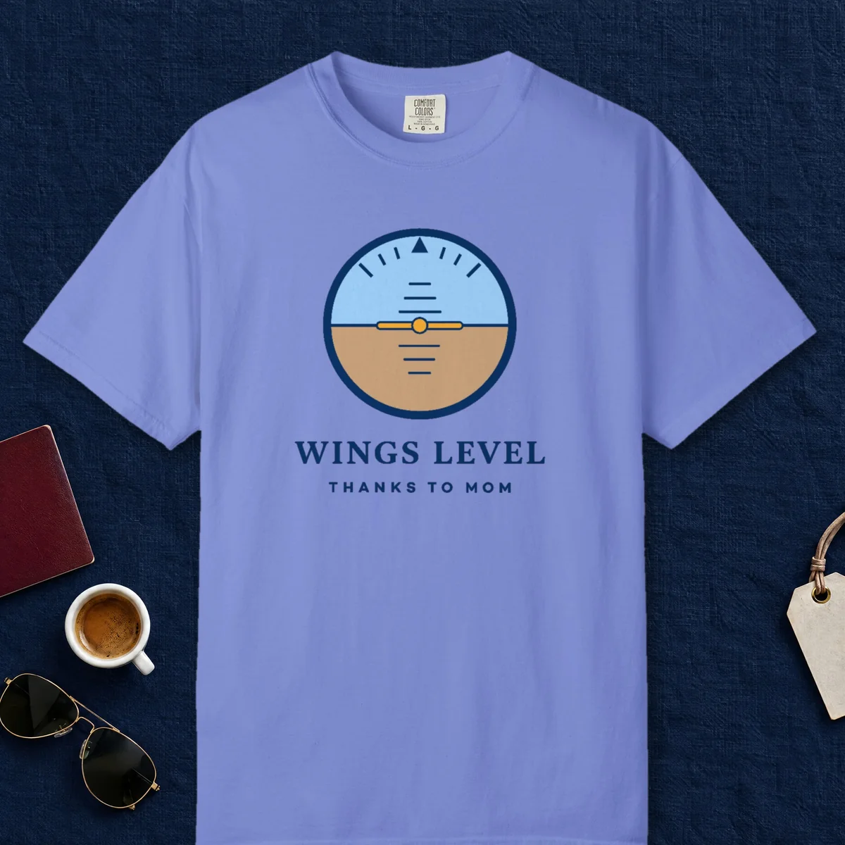 Wings Level Mom Tee in Flo Blue, front view