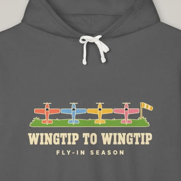 wingtip-to-wingtip-hoodie-pepper-chest-v1 Wingtip to Wingtip design on the Comfort Colors 1467 hoodie in Pepper, close-up of the print