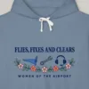 Women of the Airport design on the Comfort Colors 1467 hoodie in Blue Jean, close-up of the print