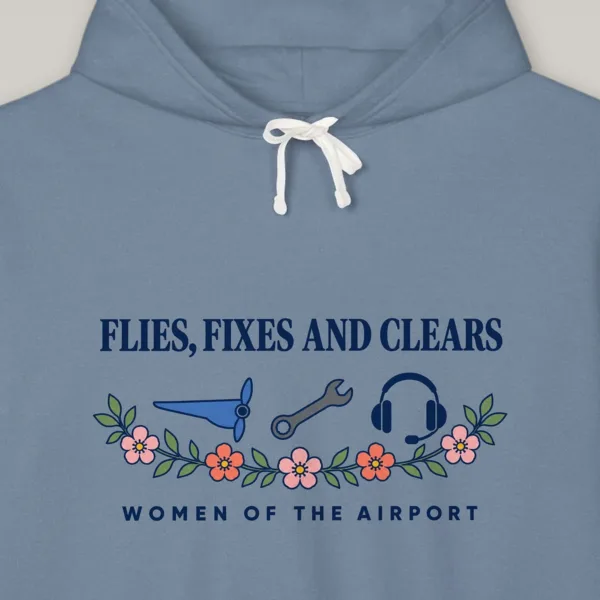 Women of the Airport design on the Comfort Colors 1467 hoodie in Blue Jean, close-up of the print