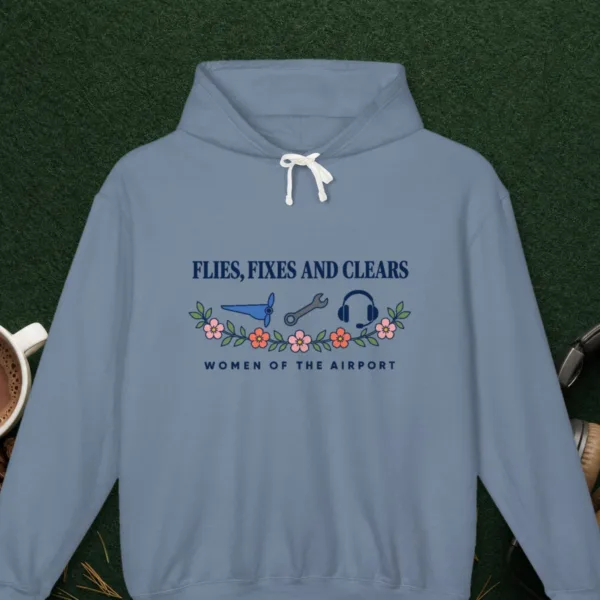 Women of the Airport design on the Comfort Colors 1467 hoodie in Blue Jean, front view