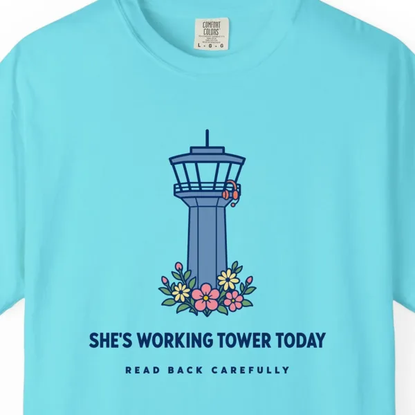 Working Tower Today Tee in Lagoon Blue, close-up