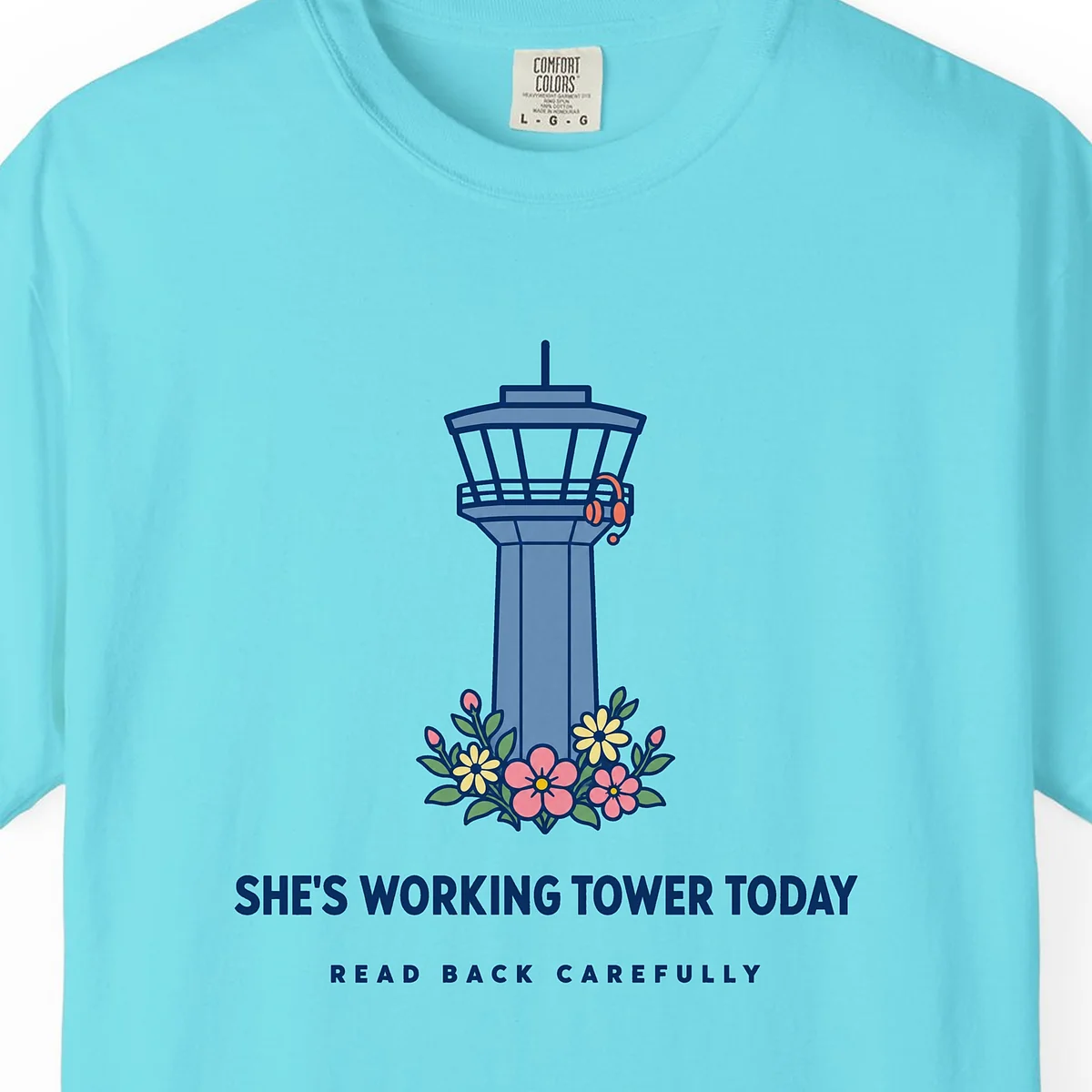 Working Tower Today Tee in Lagoon Blue, close-up