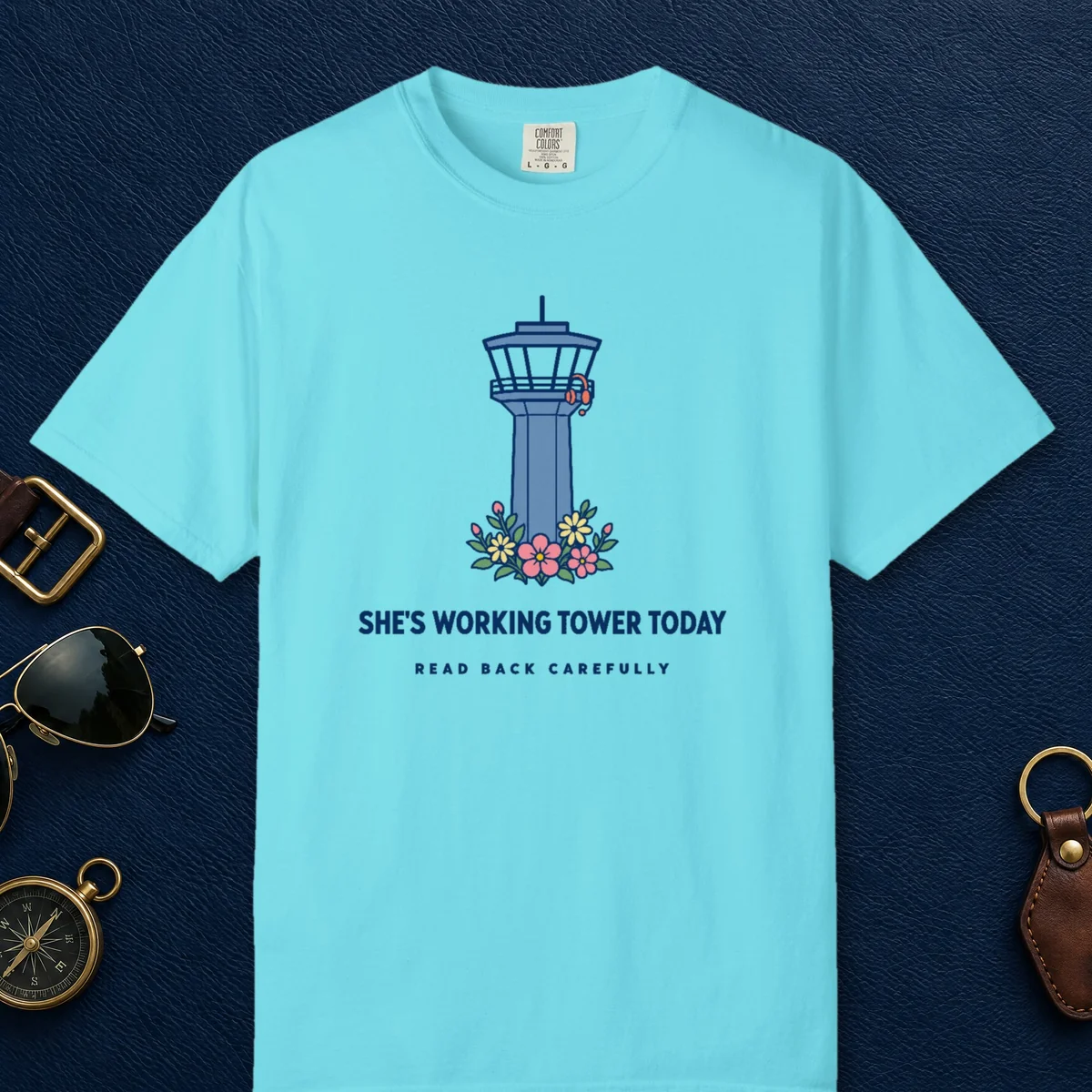 Working Tower Today Tee in Lagoon Blue, front view