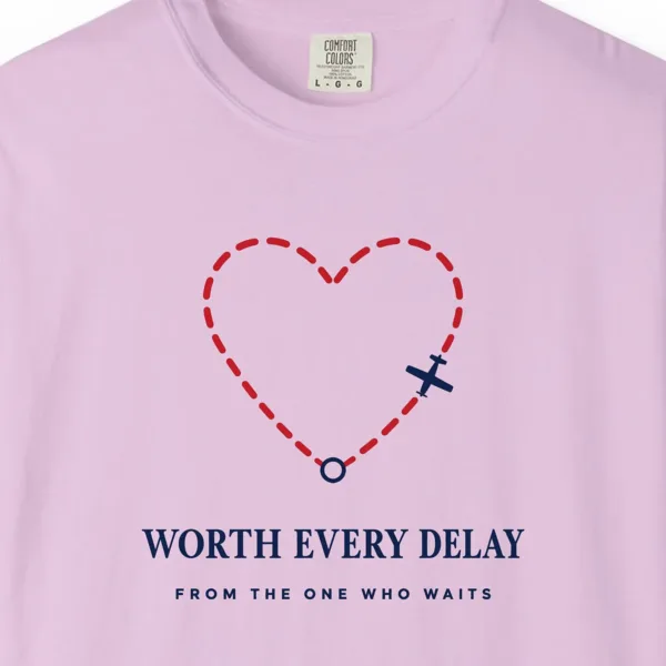 worth-every-delay-tee-orchid-chest Worth Every Delay Tee in Orchid, close-up