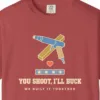 you-shoot-ill-buck-tee-crimson-chest You Shoot I'll Buck Tee in Crimson, close-up