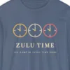 zulu-time-long-sleeve-tee-blue-jean-chest Zulu Time design on a Blue Jean Comfort Colors 6014 long-sleeve tee, close-up of the print