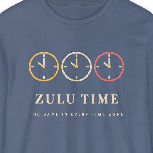 zulu-time-long-sleeve-tee-blue-jean-chest Zulu Time design on a Blue Jean Comfort Colors 6014 long-sleeve tee, close-up of the print