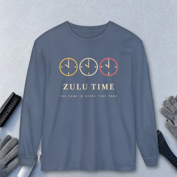 zulu-time-long-sleeve-tee-blue-jean-front Zulu Time design on a Blue Jean Comfort Colors 6014 long-sleeve tee, front view