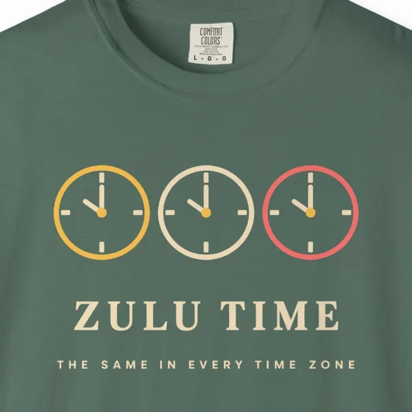 Zulu Time Tee in Blue Spruce, close-up